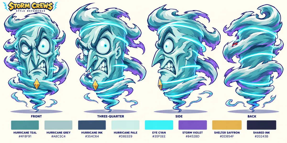 A character sheet showing the approved Hurricane Horace from four angles, with a row of eight named colour swatches beneath.