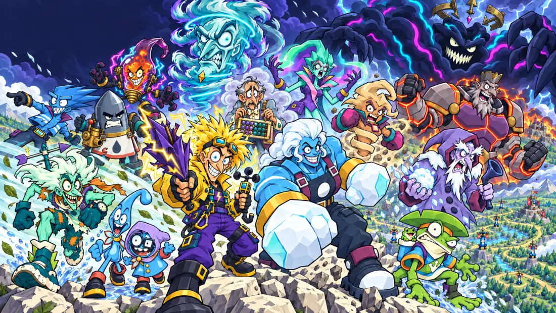 A crowd of sixteen Storm Crews weather characters on a rocky ridge, with Horace's glowing face looming over them at the top.