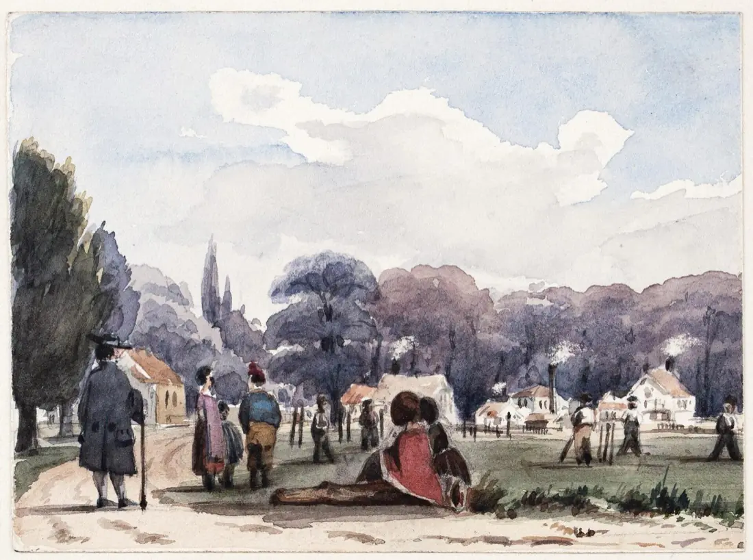 A watercolour of a continental village green. Figures in early nineteenth century dress stand and sit along a path while a cricket match runs on the grass behind them, under a wide clouded sky. Two hundred years of the plain version of the game.