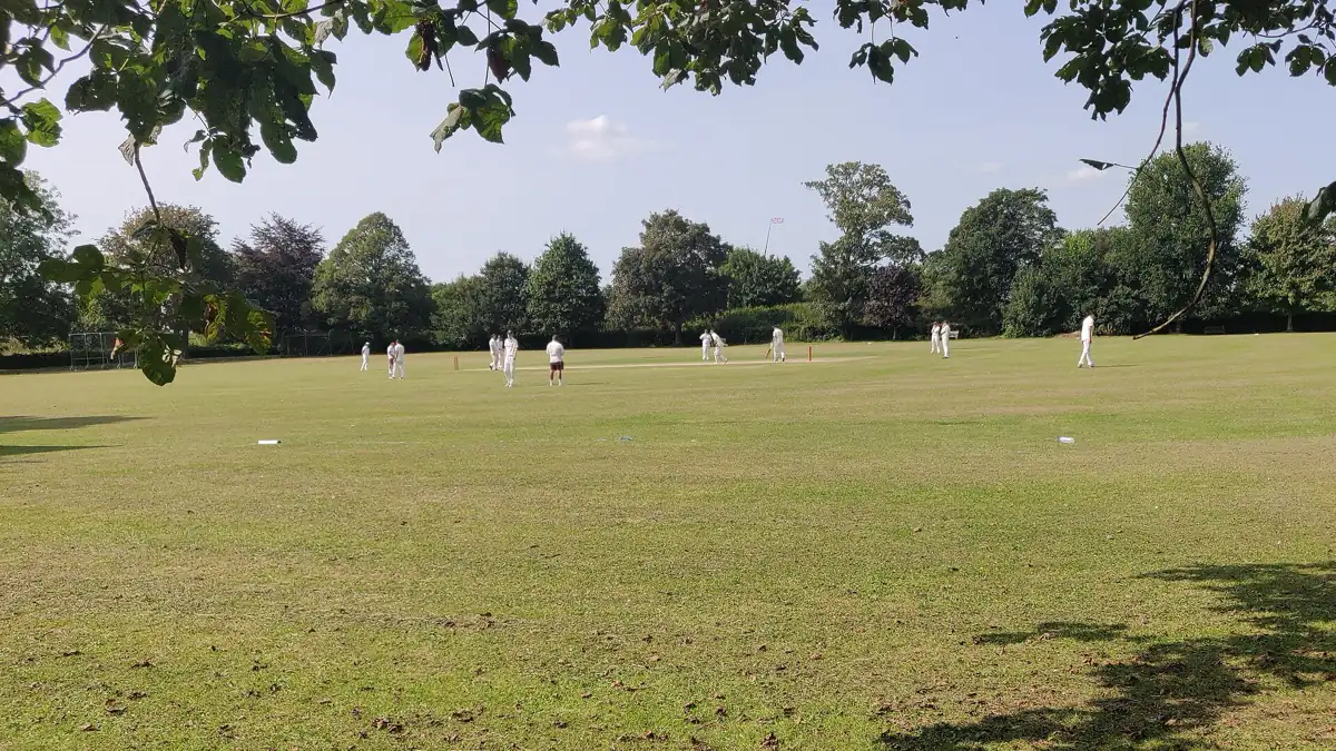 A village cricket match on a summer afternoon. Eleven players in white kit stand spread across a wide green field under a pale sky, with trees along the boundary. Nothing in the picture is red.